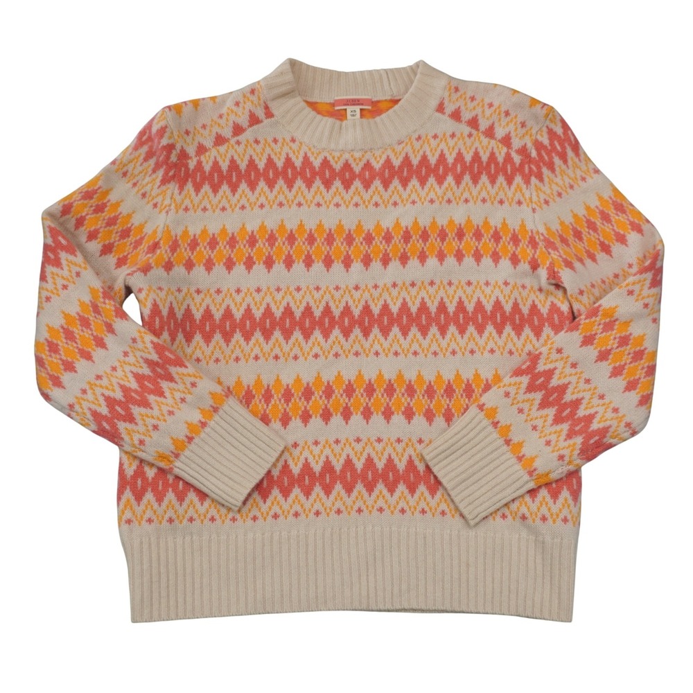 J. Crew XS 100% Cashmere Sweater Cream Orange Fair Isle Cozy Fall Winter
